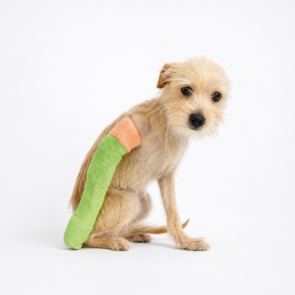 A small dog with a broken legs sits with a green and orange cast