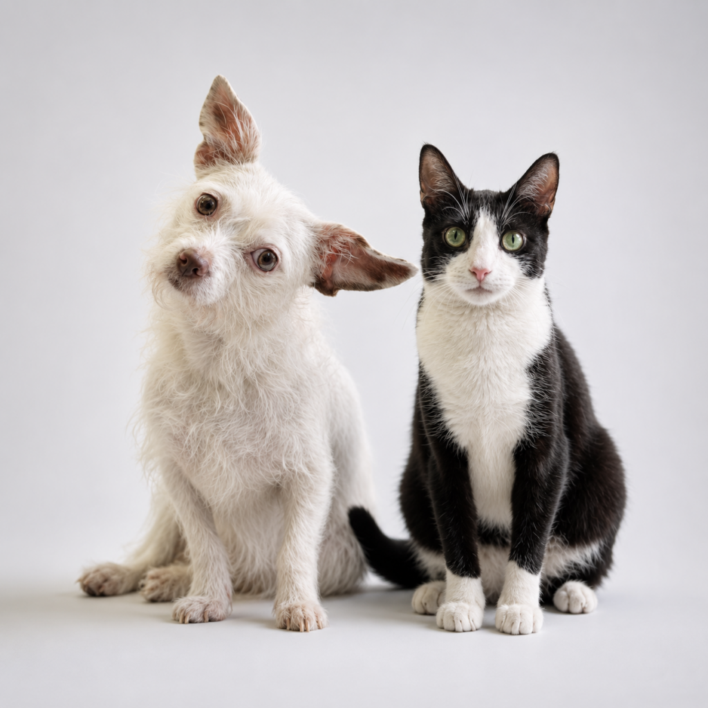 A white dog and black and white cat with green eyes sit next to each other